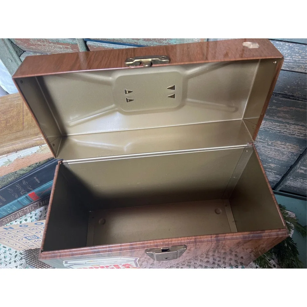 Vintage Wood Grain Litho Portafile Metal Box * Ballonoff * Ohio  Woodgrain File